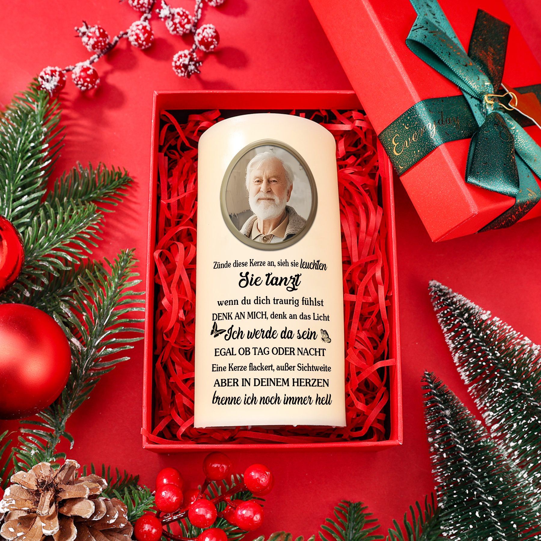 Personalisierbares Foto & Name & Datum LED Gedenk-Kerze mit Schmetterlings & Gänseblümchen – Ich werde da sein, egal ob Tag oder Nacht