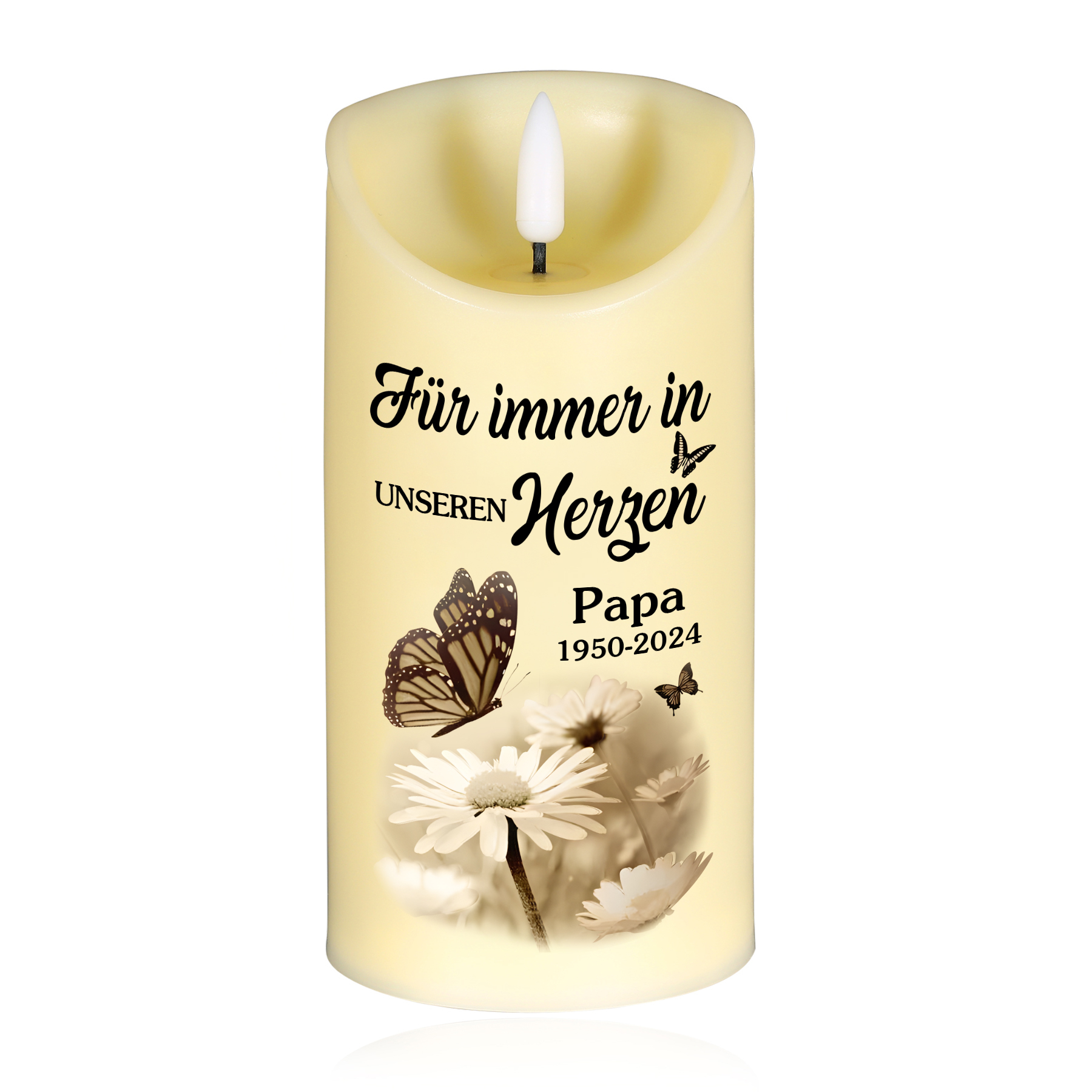 Personalisierbares Foto & Name & Datum LED Gedenk-Kerze mit Schmetterlings & Gänseblümchen – Ich werde da sein, egal ob Tag oder Nacht