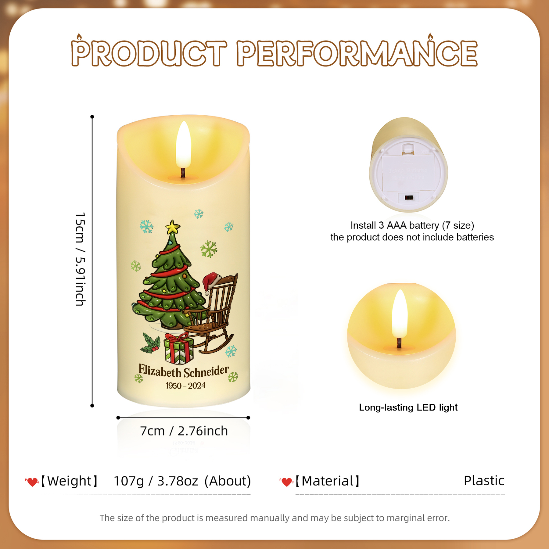 Personalisierbarer Name & Datum LED-Gedenk-Kerze mit Weihnachtsbaum & leeren Schaukelstuhl – Du magst sie nicht sehen aber sie werden da sein – Weihnachts-Gedenkkerze