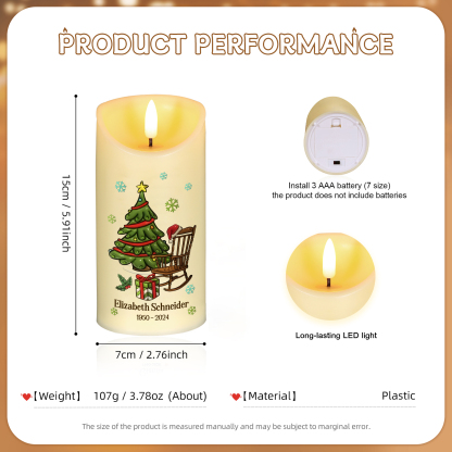 Personalisierbarer Name & Datum LED-Gedenk-Kerze mit Weihnachtsbaum & leeren Schaukelstuhl – Du magst sie nicht sehen aber sie werden da sein – Weihnachts-Gedenkkerze