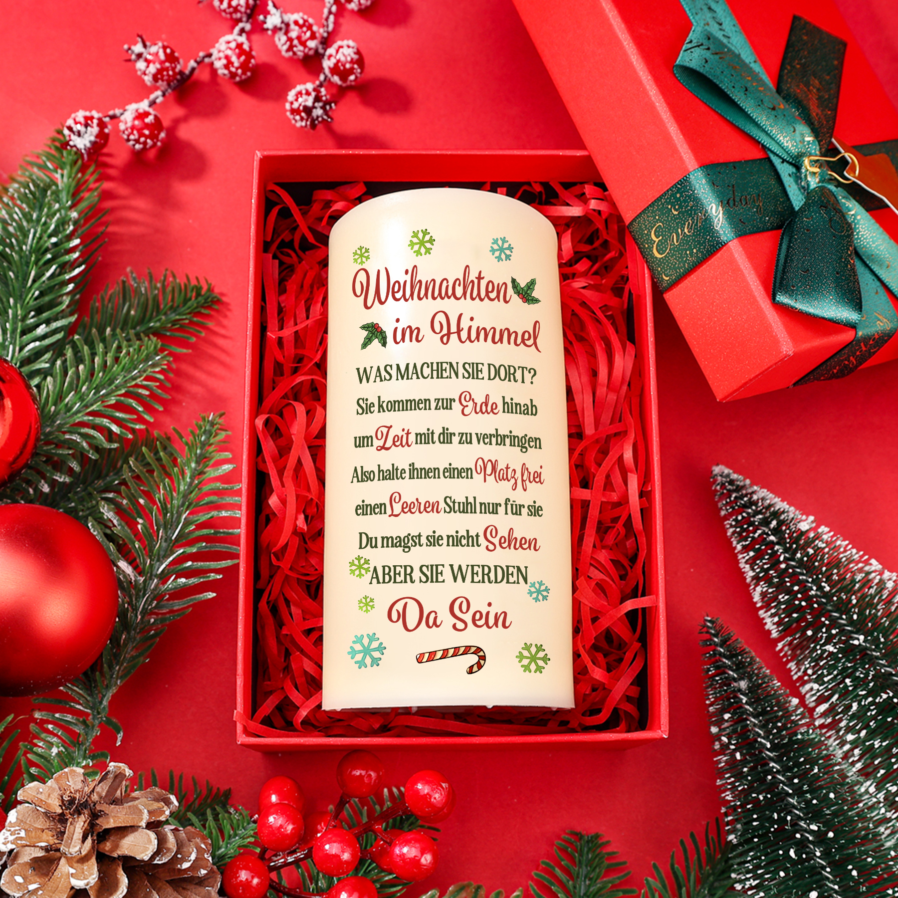 Personalisierbarer Name & Datum LED-Gedenk-Kerze mit Weihnachtsbaum & leeren Schaukelstuhl – Du magst sie nicht sehen aber sie werden da sein – Weihnachts-Gedenkkerze