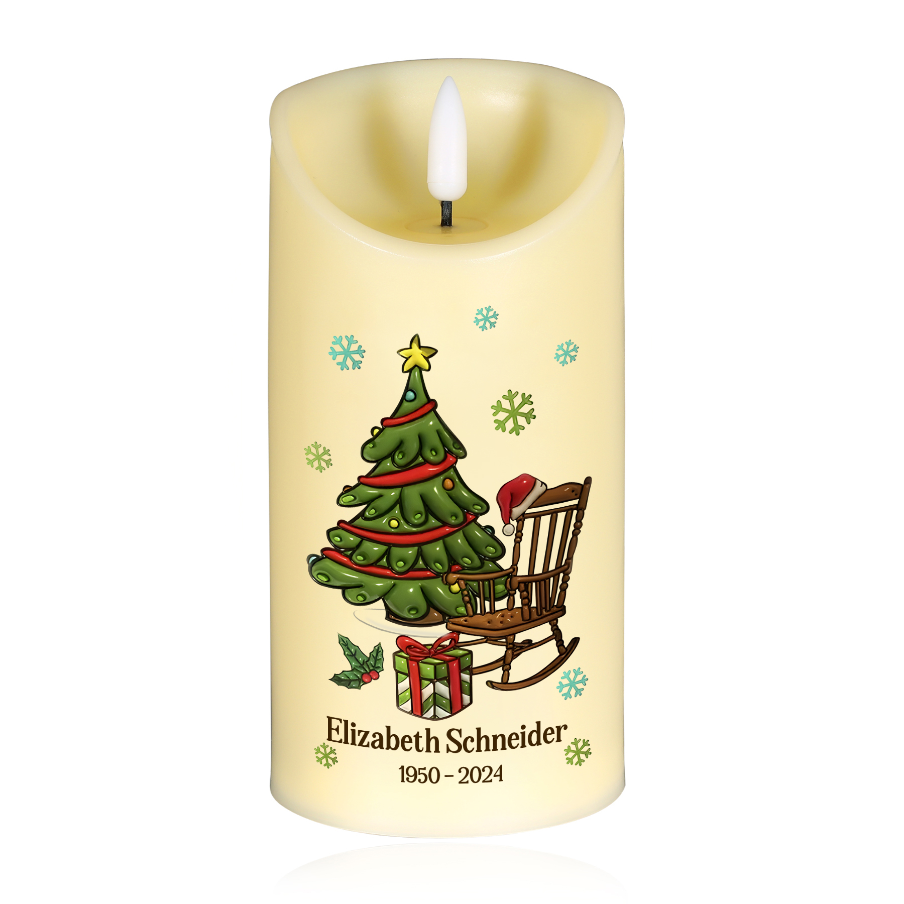 Personalisierbarer Name & Datum LED-Gedenk-Kerze mit Weihnachtsbaum & leeren Schaukelstuhl – Du magst sie nicht sehen aber sie werden da sein – Weihnachts-Gedenkkerze