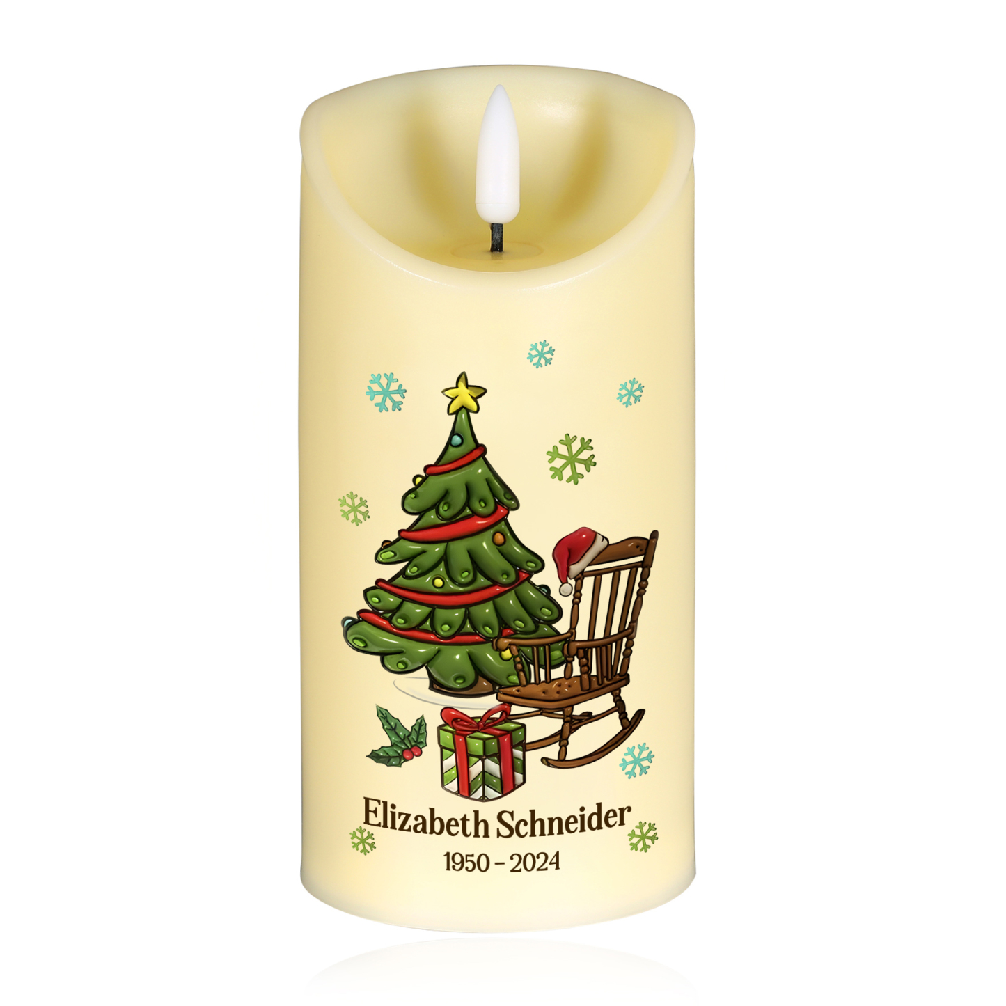 Personalisierbarer Name & Datum LED-Gedenk-Kerze mit Weihnachtsbaum & leeren Schaukelstuhl – Du magst sie nicht sehen aber sie werden da sein – Weihnachts-Gedenkkerze