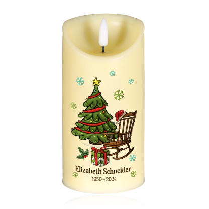 Personalisierbarer Name & Datum LED-Gedenk-Kerze mit Weihnachtsbaum & leeren Schaukelstuhl – Du magst sie nicht sehen aber sie werden da sein – Weihnachts-Gedenkkerze