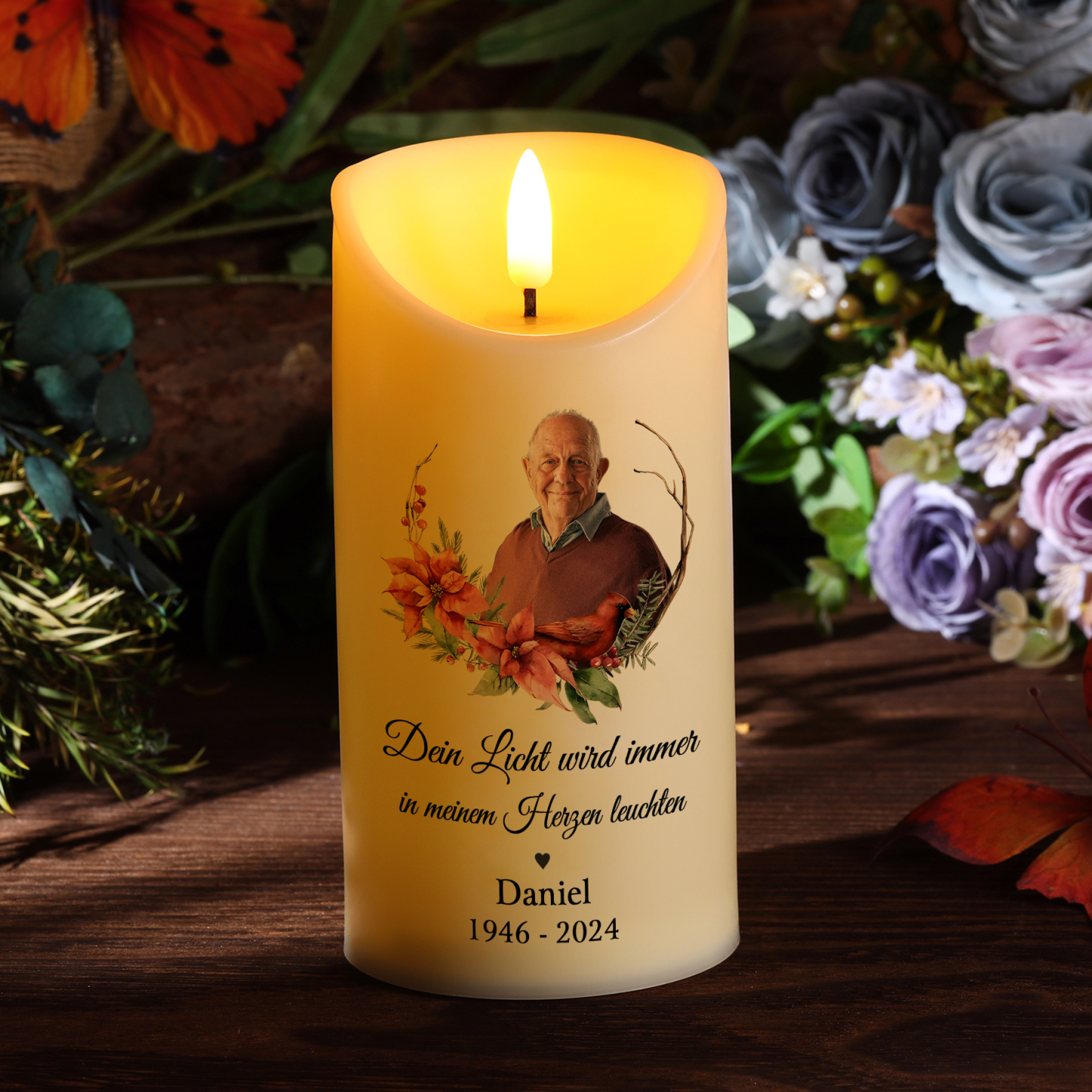Personalisierbares Foto & Name & Datum LED Gedenk-Kerze mit Kranz – Dein Licht wird immer in meinem Herzen leuchten