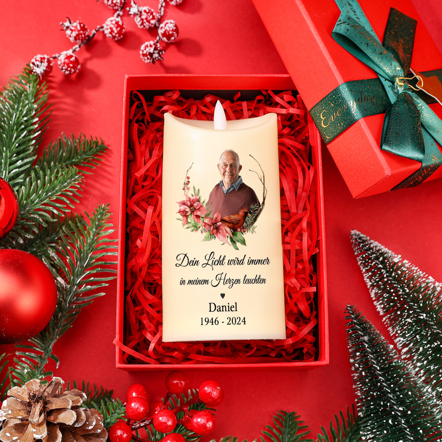Personalisierbares Foto & Name & Datum LED Gedenk-Kerze mit Kranz – Dein Licht wird immer in meinem Herzen leuchten