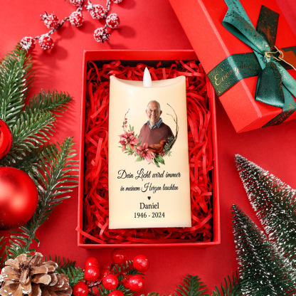 Personalisierbares Foto & Name & Datum LED Gedenk-Kerze mit Kranz – Dein Licht wird immer in meinem Herzen leuchten