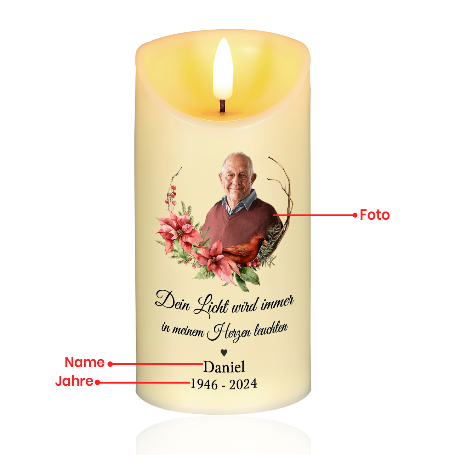 Personalisierbares Foto & Name & Datum LED Gedenk-Kerze mit Kranz – Dein Licht wird immer in meinem Herzen leuchten