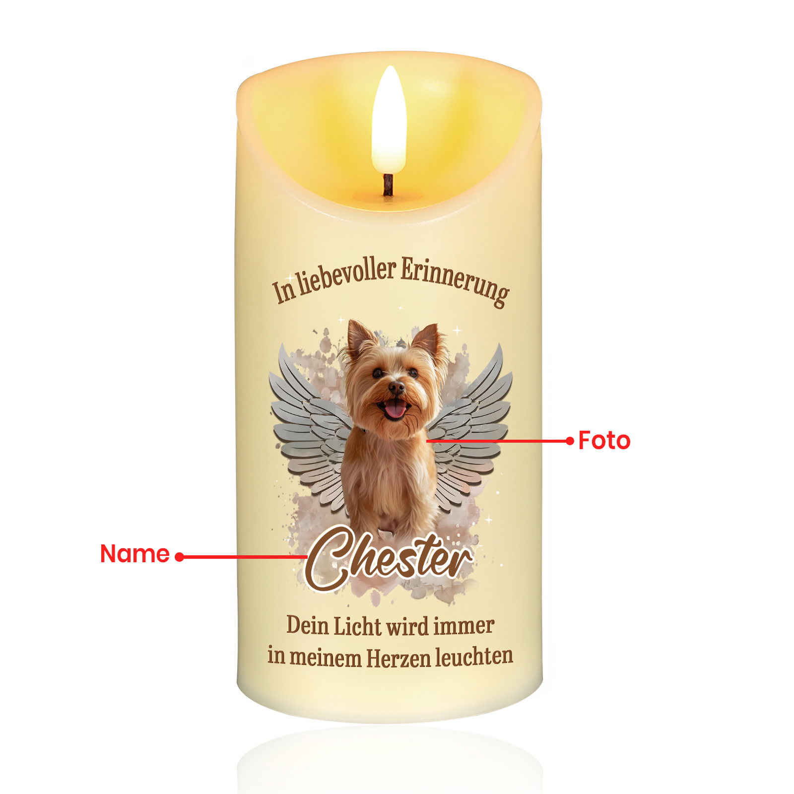 Personalisierbarer Name & Foto Haustier LED-Gedenk-Kerze mit Engelsflügeln – Dein Licht wird immer in meinem Herzen leuchten – Ein Licht der Erinnerung