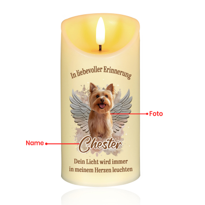 Personalisierbarer Name & Foto Haustier LED-Gedenk-Kerze mit Engelsflügeln – Dein Licht wird immer in meinem Herzen leuchten – Ein Licht der Erinnerung