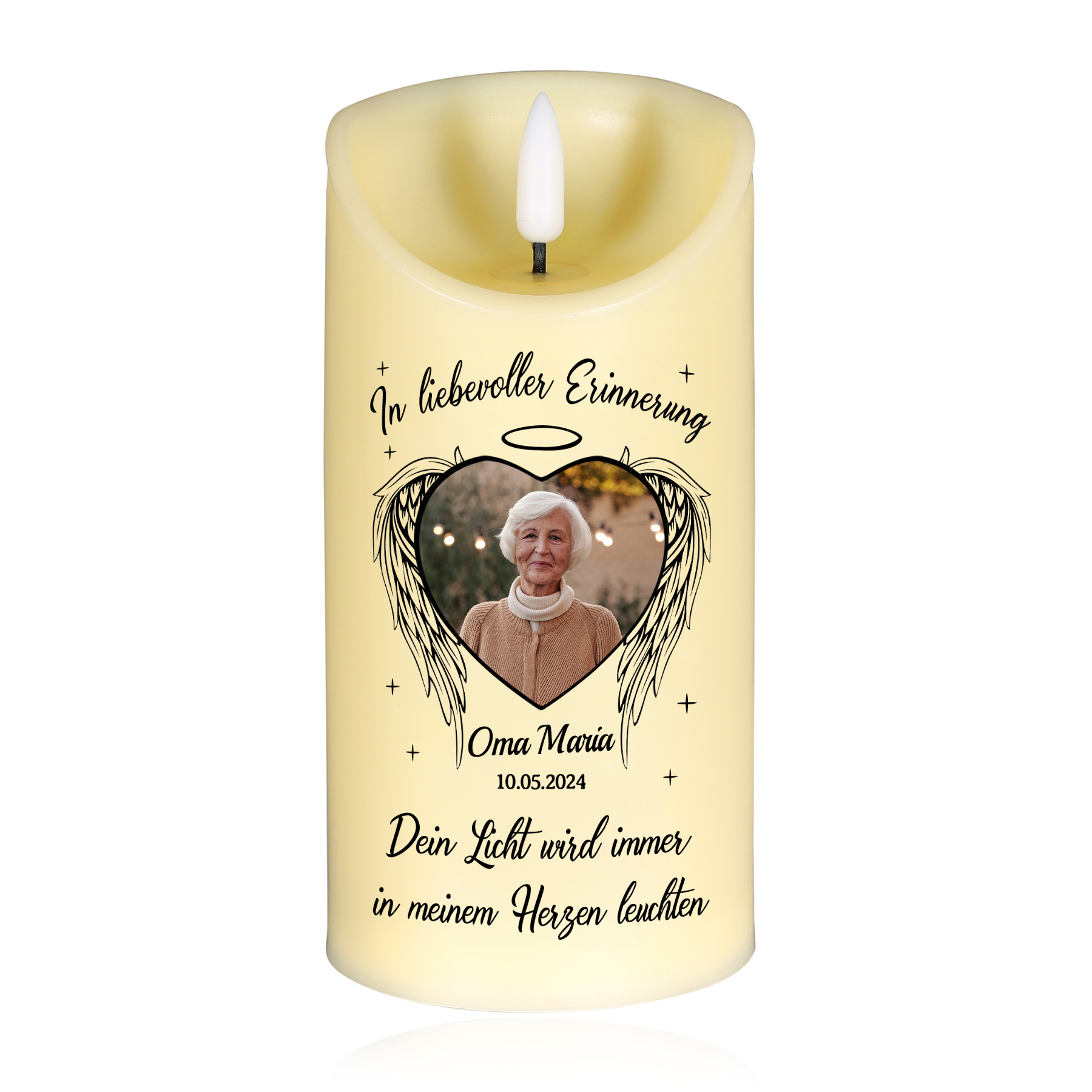 Personalisierbarer Name & Foto & Datum LED-Gedenk-Kerze mit Engelsflügeln – Dein Licht wird immer in meinem Herzen leuchten.