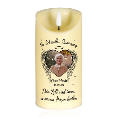 Personalisierbarer Name & Foto & Datum LED-Gedenk-Kerze mit Engelsflügeln – Dein Licht wird immer in meinem Herzen leuchten.