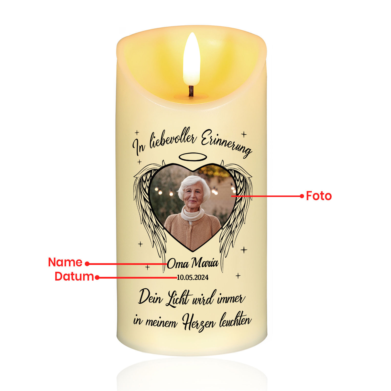 Personalisierbarer Name & Foto & Datum LED-Gedenk-Kerze mit Engelsflügeln – Dein Licht wird immer in meinem Herzen leuchten.