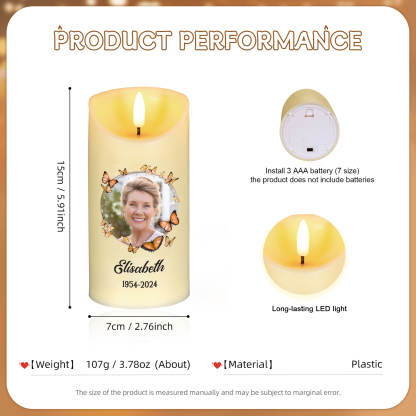 Personalisierbares Foto & Name & Datum LED-Gedenk-Kerze mit Schmetterling – Diese Kerze brennt in liebevoller Erinnerung an ein Leben