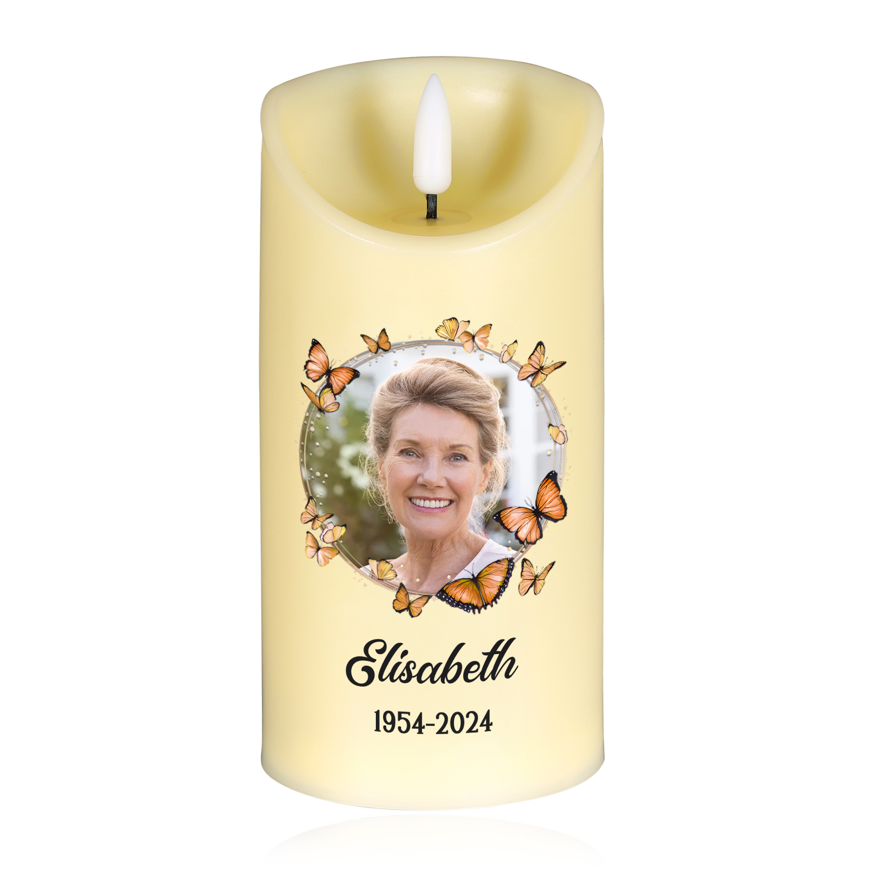 Personalisierbares Foto & Name & Datum LED-Gedenk-Kerze mit Schmetterling – Diese Kerze brennt in liebevoller Erinnerung an ein Leben