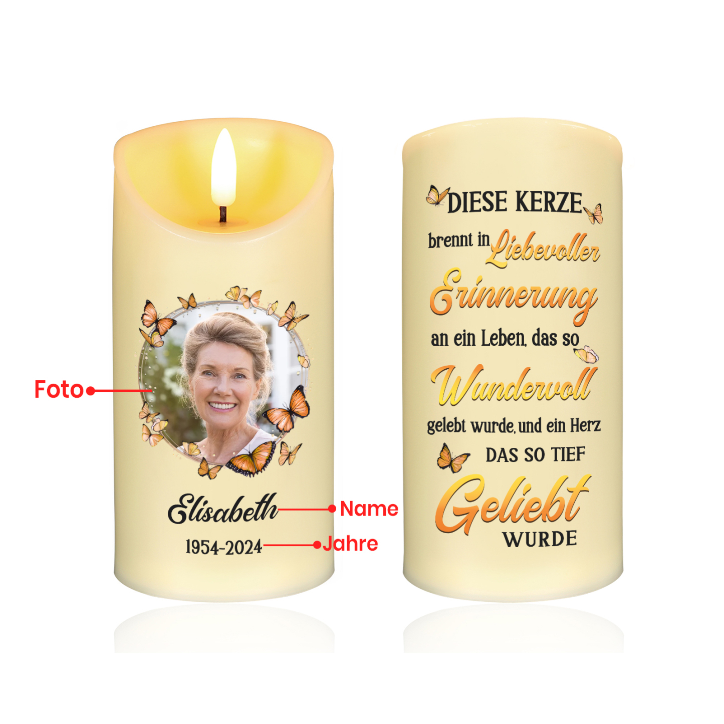 Personalisierbares Foto & Name & Datum LED-Gedenk-Kerze mit Schmetterling – Diese Kerze brennt in liebevoller Erinnerung an ein Leben