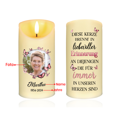 Personalisierbarer 1 Name & Foto & Datum LED-Gedenk-Kerze mit Rosa Schmetterlings – Diese Kerze brennt in liebevoller Erinnerung an diejenigen, die für immer in unseren Herzen sind.