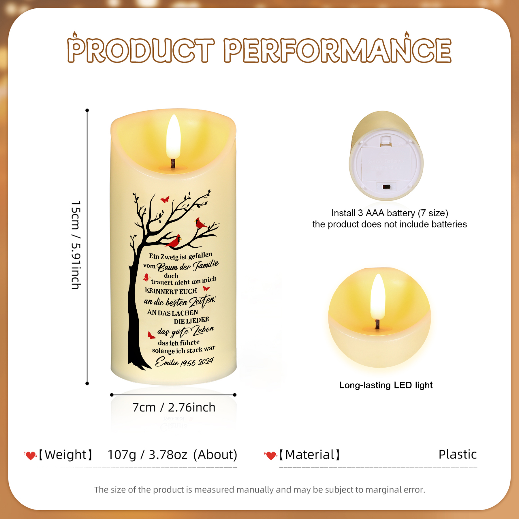 Personalisierbarer 1 Name & Datum LED-Gedenk-Kerze mit Baum & Vogelmotiv – Ein Zweig ist gefallen vom Baum der Familie – Ein liebevoller Abschiedsgruß
