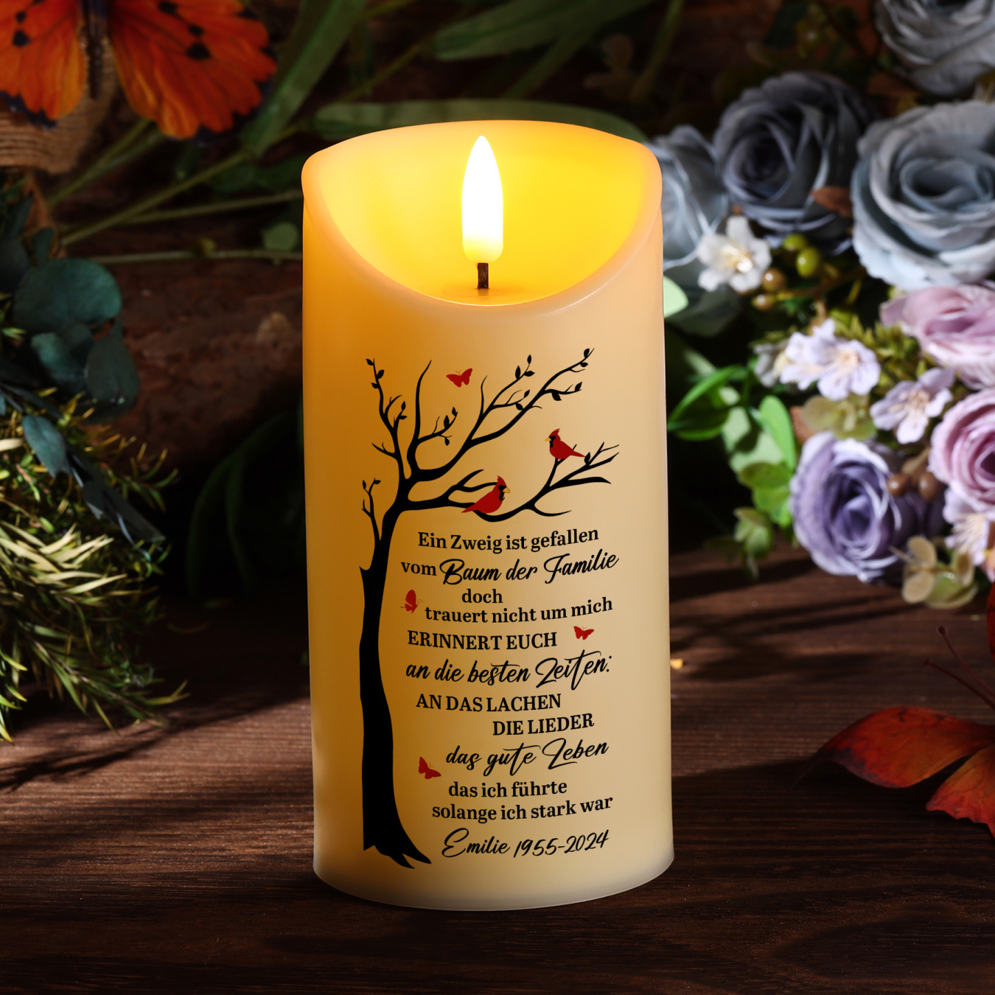 Personalisierbarer 1 Name & Datum LED-Gedenk-Kerze mit Baum & Vogelmotiv – Ein Zweig ist gefallen vom Baum der Familie – Ein liebevoller Abschiedsgruß