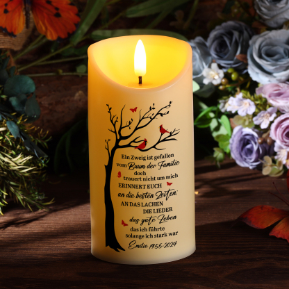 Personalisierbarer 1 Name & Datum LED-Gedenk-Kerze mit Baum & Vogelmotiv – Ein Zweig ist gefallen vom Baum der Familie – Ein liebevoller Abschiedsgruß