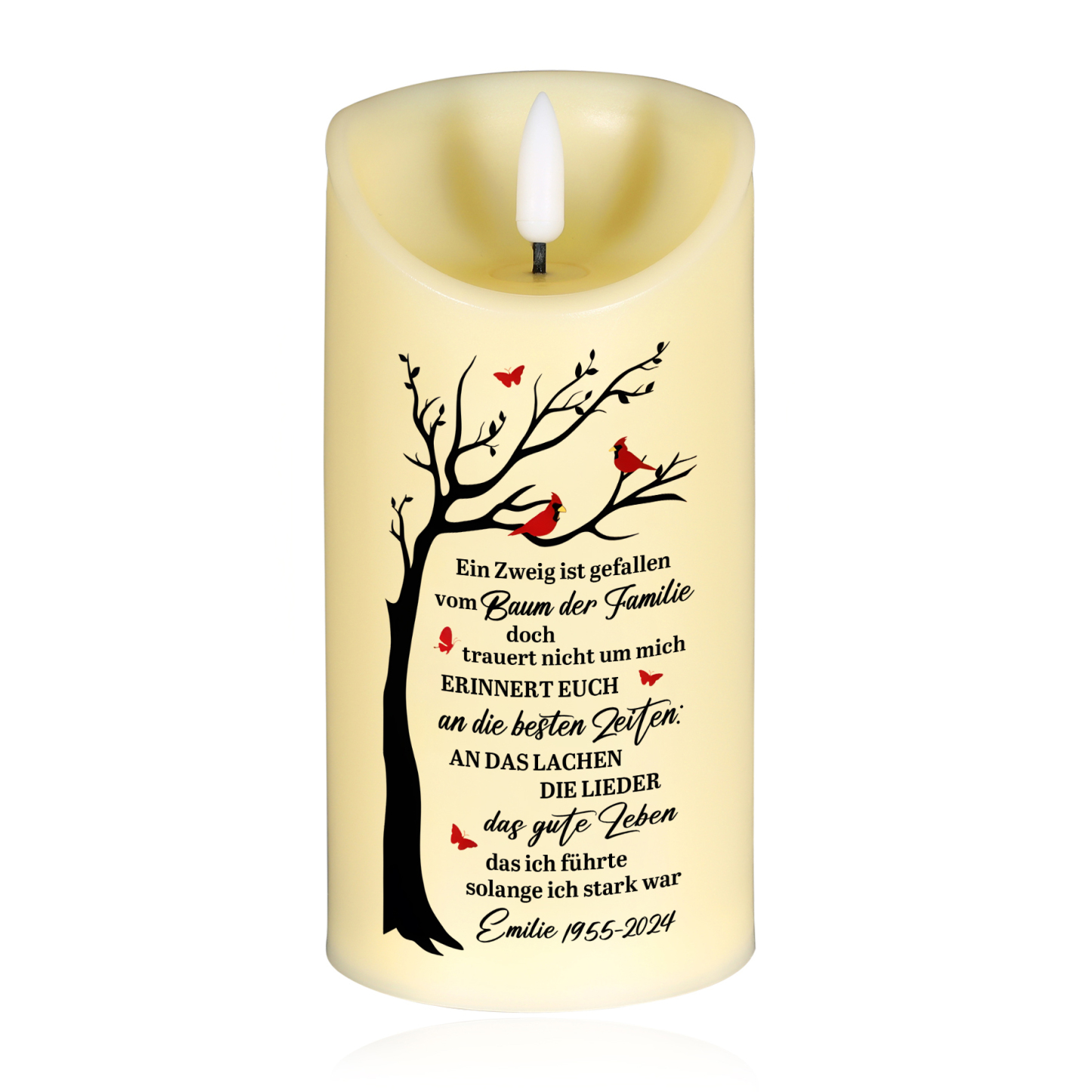 Personalisierbarer 1 Name & Datum LED-Gedenk-Kerze mit Baum & Vogelmotiv – Ein Zweig ist gefallen vom Baum der Familie – Ein liebevoller Abschiedsgruß