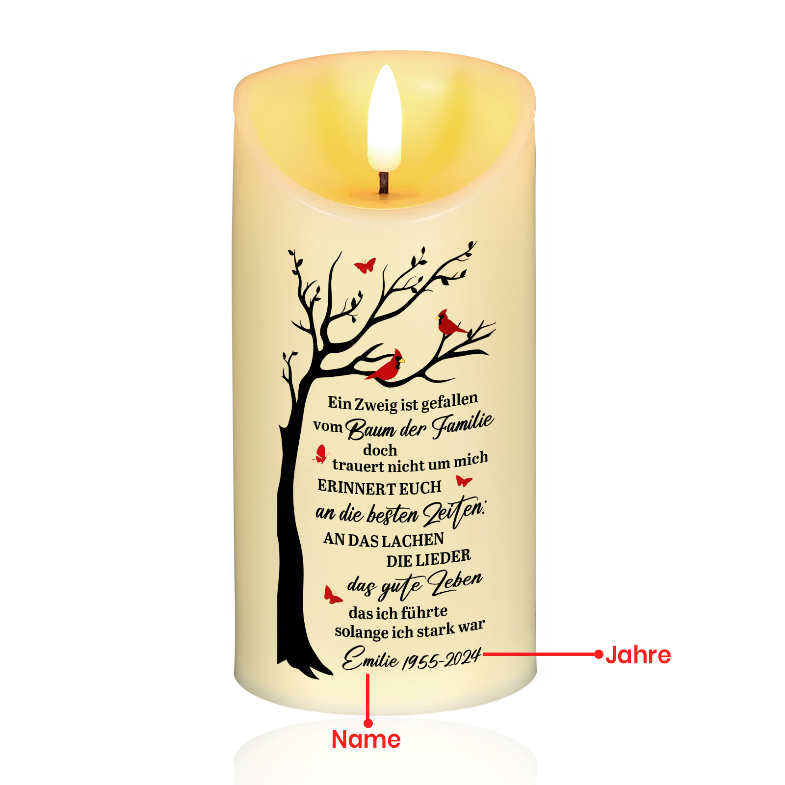 Personalisierbarer 1 Name & Datum LED-Gedenk-Kerze mit Baum & Vogelmotiv – Ein Zweig ist gefallen vom Baum der Familie – Ein liebevoller Abschiedsgruß