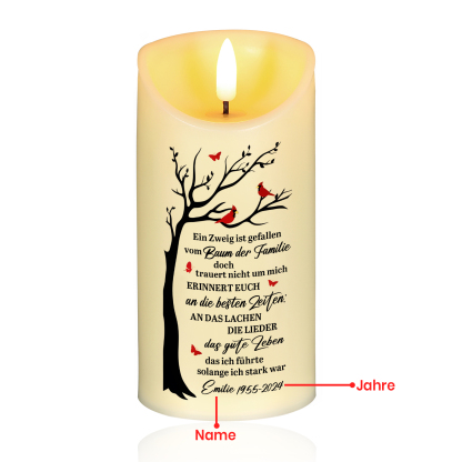 Personalisierbarer 1 Name & Datum LED-Gedenk-Kerze mit Baum & Vogelmotiv – Ein Zweig ist gefallen vom Baum der Familie – Ein liebevoller Abschiedsgruß