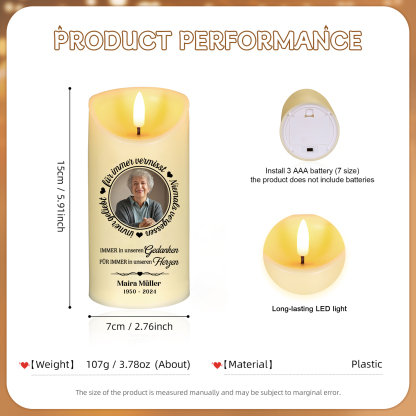Personalisierbarer 1 Name & Foto & Datum LED-Gedenk-Kerze – Immer in unseren Gedanken, Für immer in unseren Herzen – Ein ewiges Licht der Erinnerung