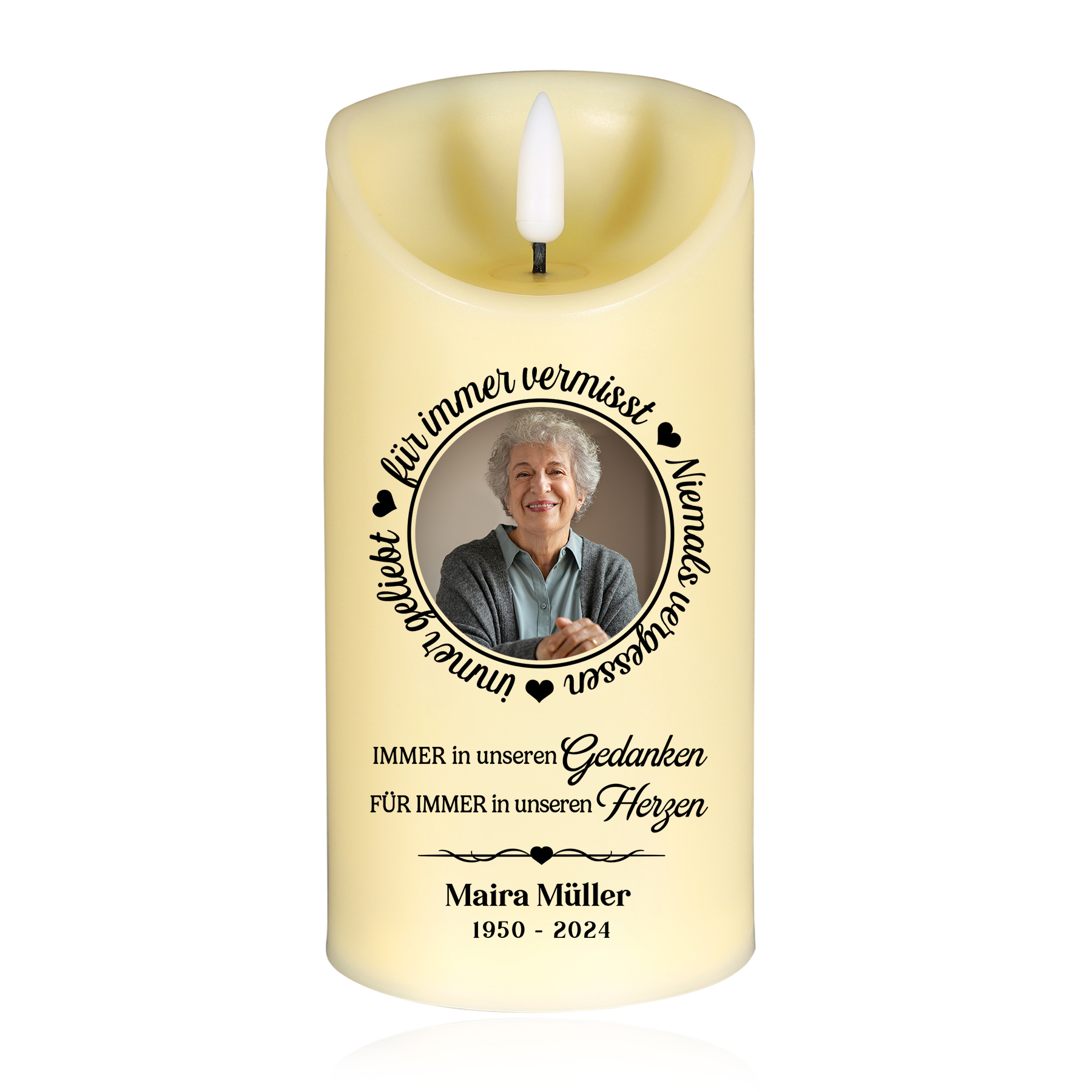 Personalisierbarer 1 Name & Foto & Datum LED-Gedenk-Kerze – Immer in unseren Gedanken, Für immer in unseren Herzen – Ein ewiges Licht der Erinnerung