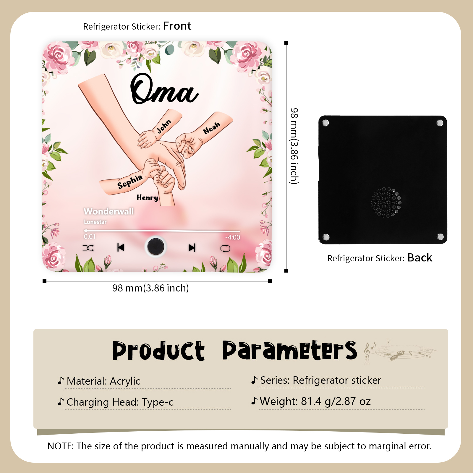 Personalisiertes 4 Namen & Text & Lied Rosa Acryl Kühlschrankmagnet mit Musikfunktion