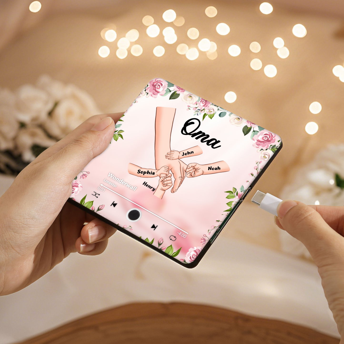 Personalisiertes 4 Namen & Text & Lied Rosa Acryl Kühlschrankmagnet mit Musikfunktion