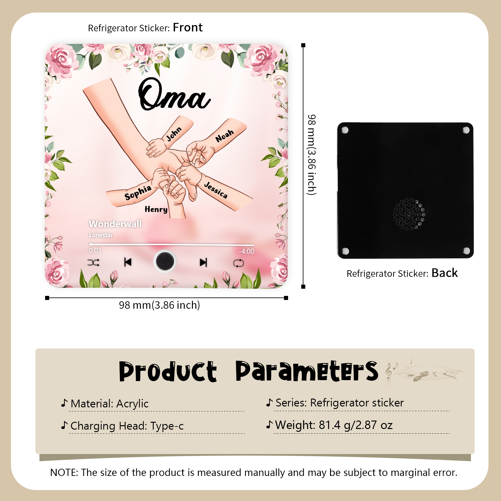 Personalisiertes 5 Namen & Text & Lied Rosa Acryl Kühlschrankmagnet mit Musikfunktion