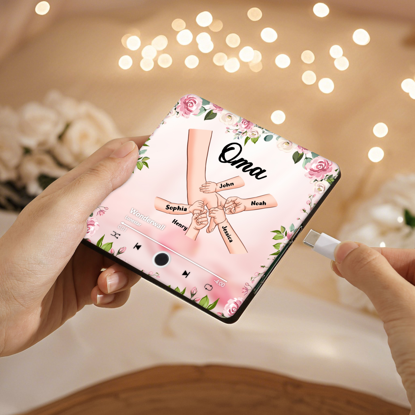 Personalisiertes 5 Namen & Text & Lied Rosa Acryl Kühlschrankmagnet mit Musikfunktion