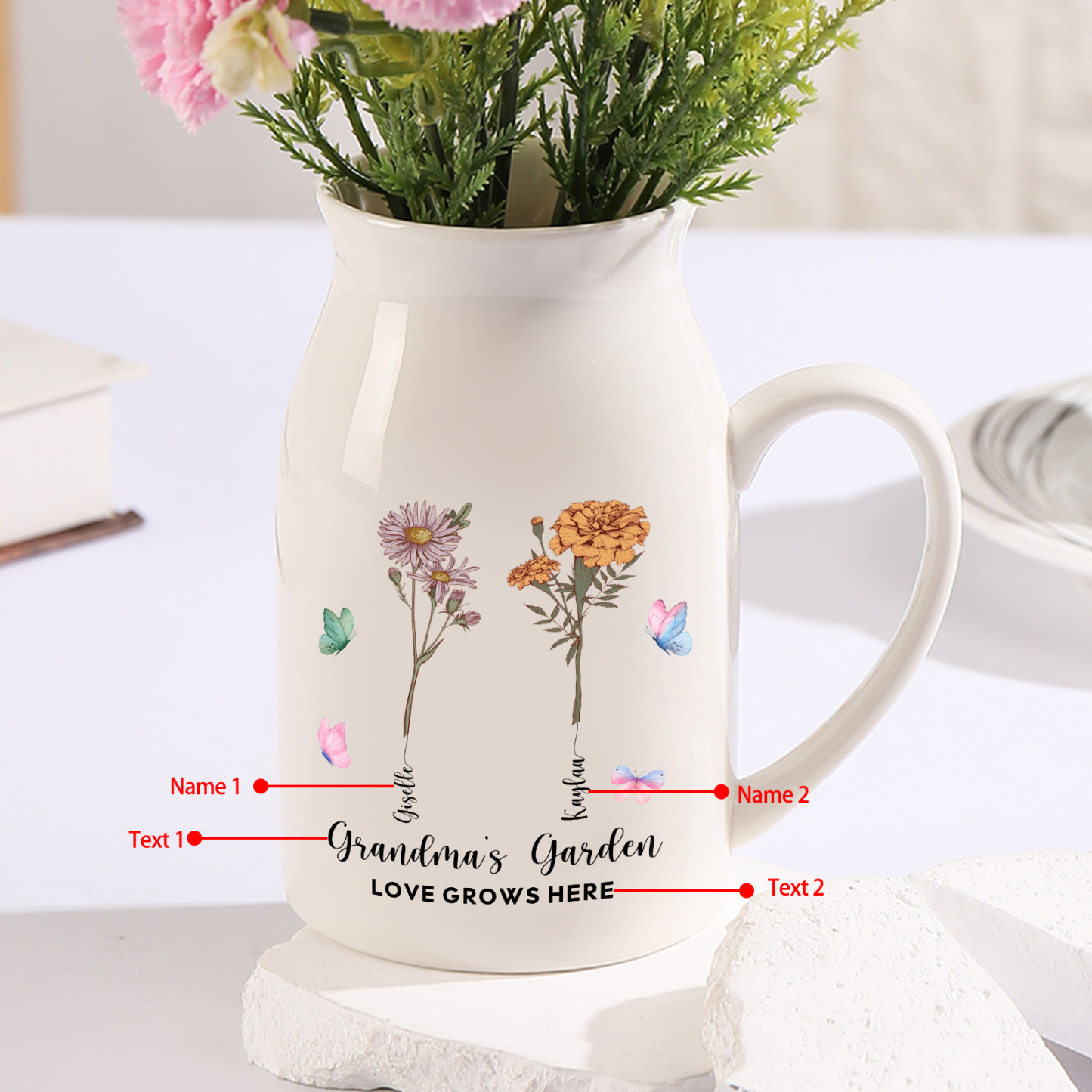 Personalisiertet 2 Namen & Blumen & 2 Texte Gießvase mit Henkel Familie Vase