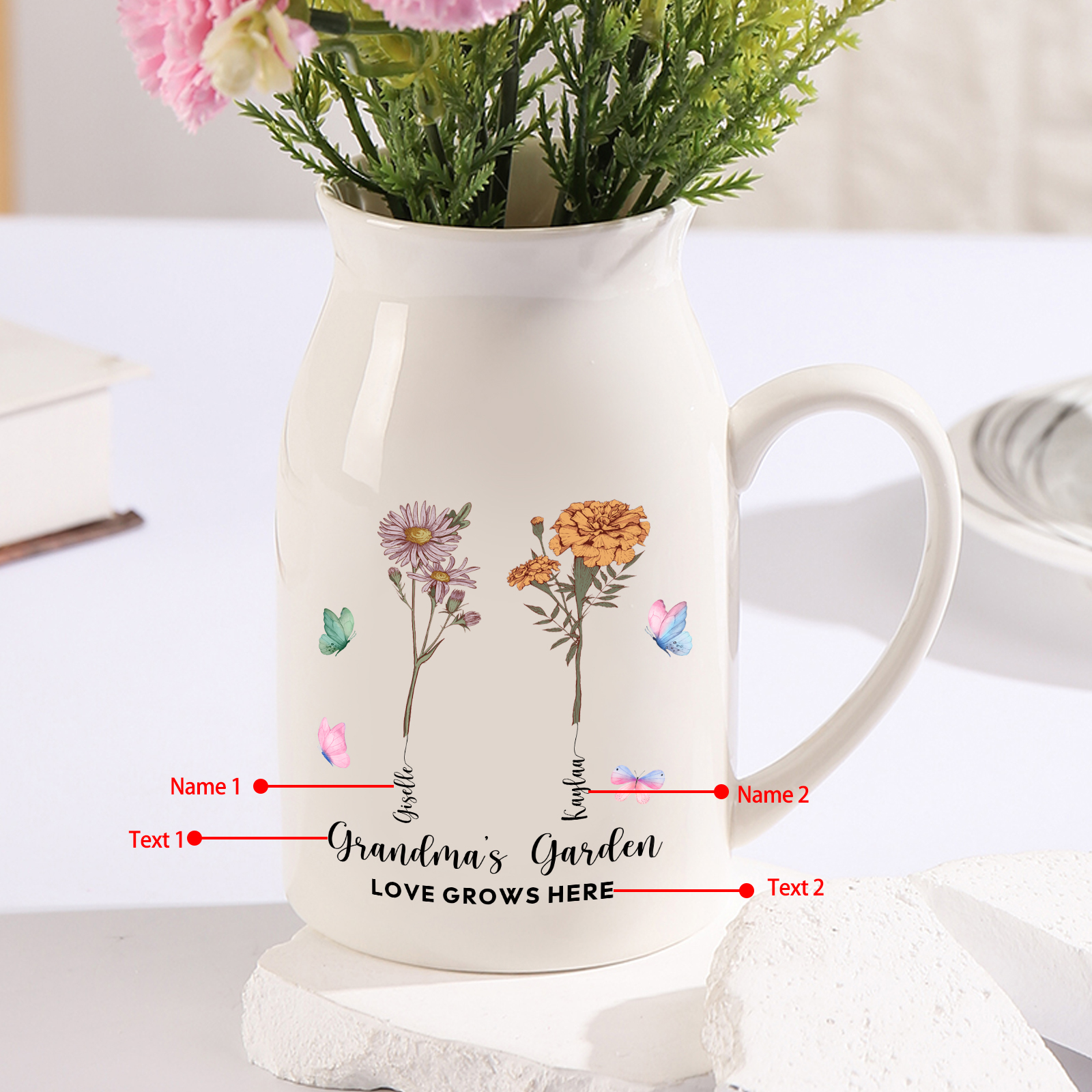 Personalisiertet 2 Namen & Blumen & 2 Texte Gießvase mit Henkel Familie Vase