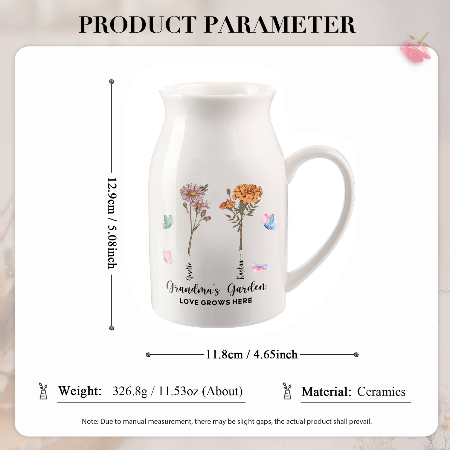 Personalisiertet 2 Namen & Blumen & 2 Texte Gießvase mit Henkel Familie Vase