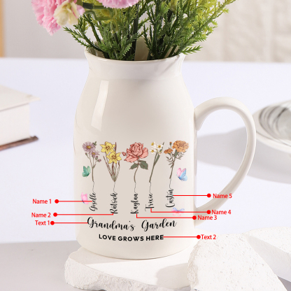 Personalisiertet 5 Namen & Blumen & 2 Texte Gießvase mit Henkel Familie Vase