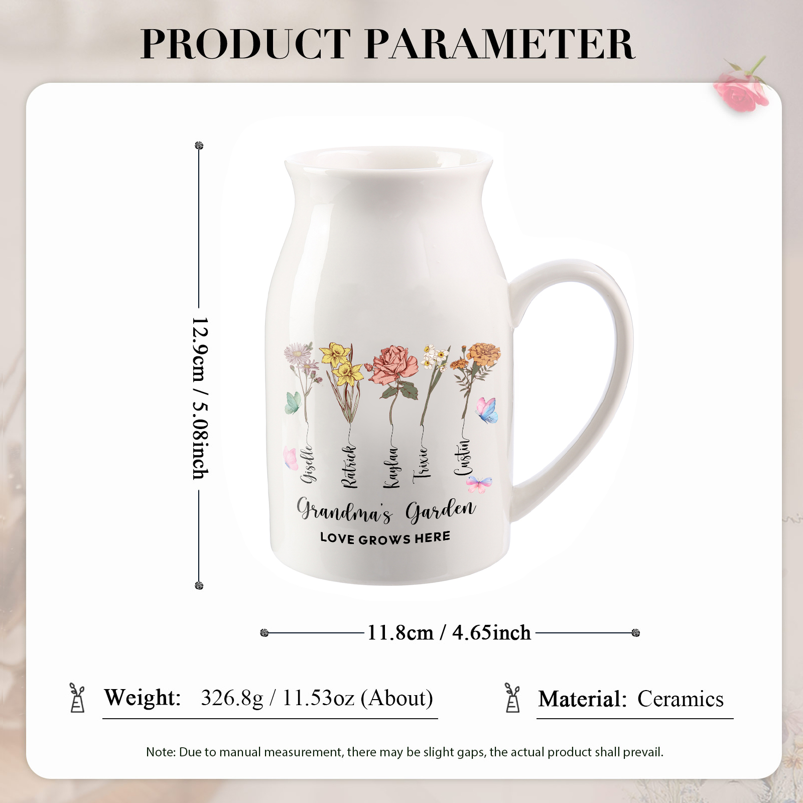 Personalisiertet 5 Namen & Blumen & 2 Texte Gießvase mit Henkel Familie Vase