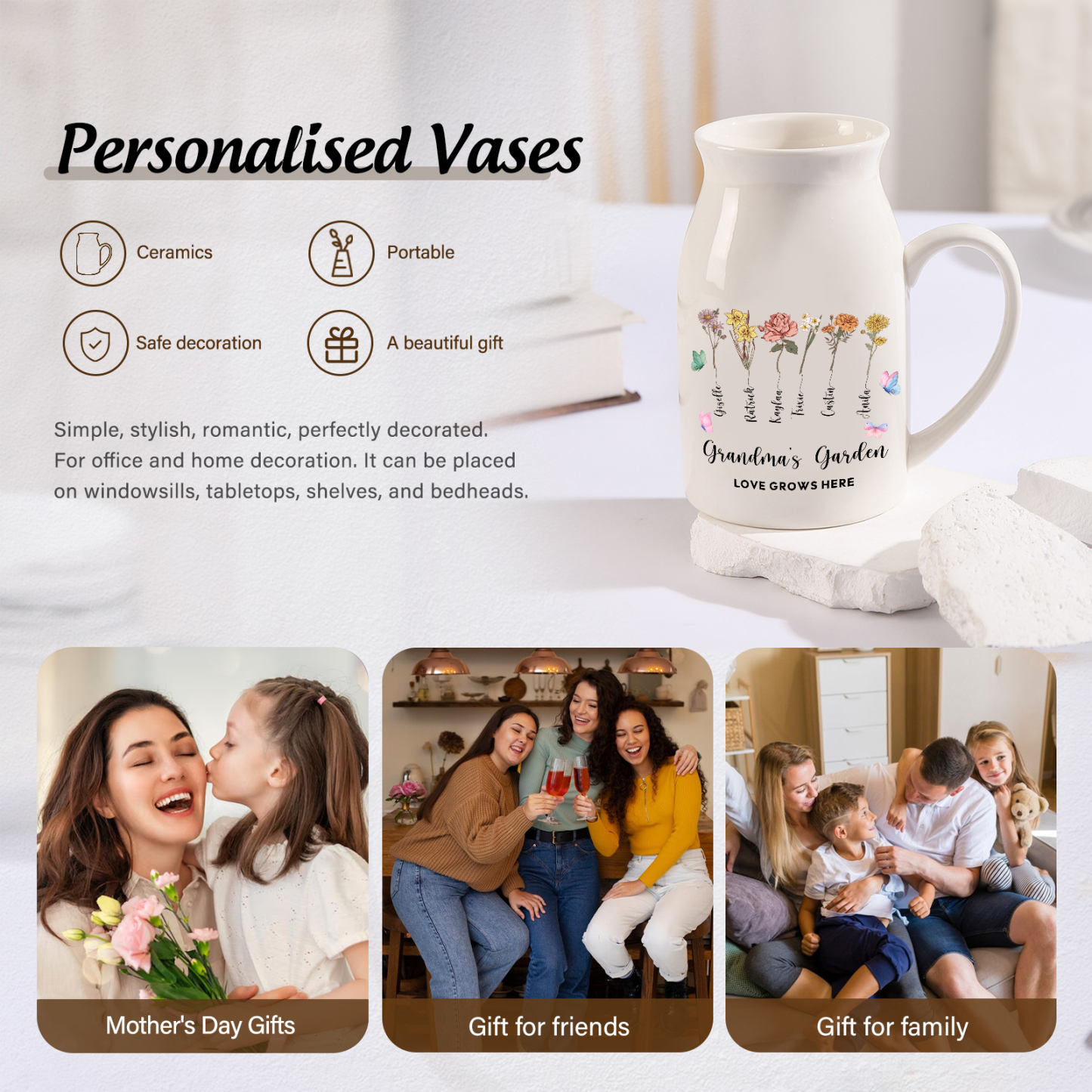 Personalisiertet 6 Namen & Blumen & 2 Texte Gießvase mit Henkel Familie Vase