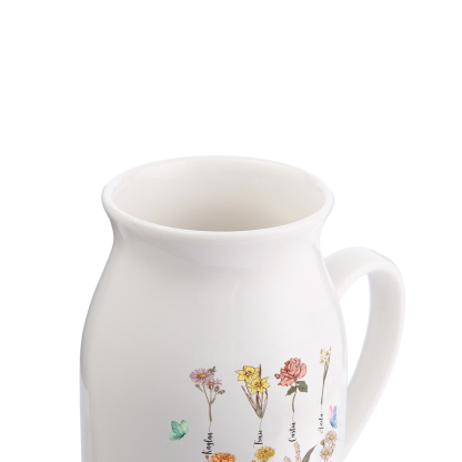 Personalisiertet 8 Namen & Blumen & 2 Texte Gießvase mit Henkel Familie Vase