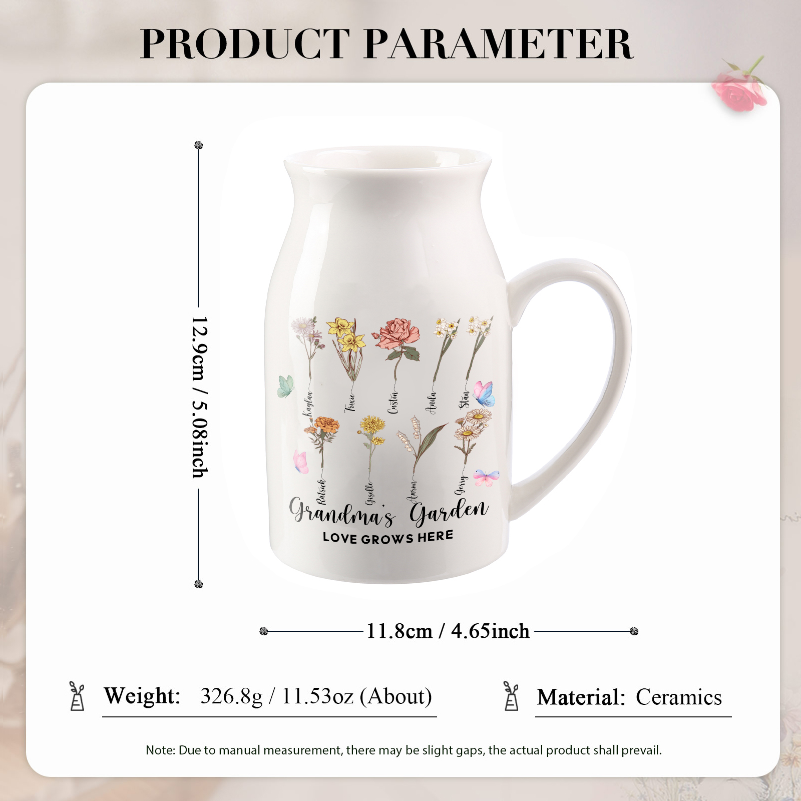 Personalisiertet 9 Namen & Blumen & 2 Texte Gießvase mit Henkel Familie Vase