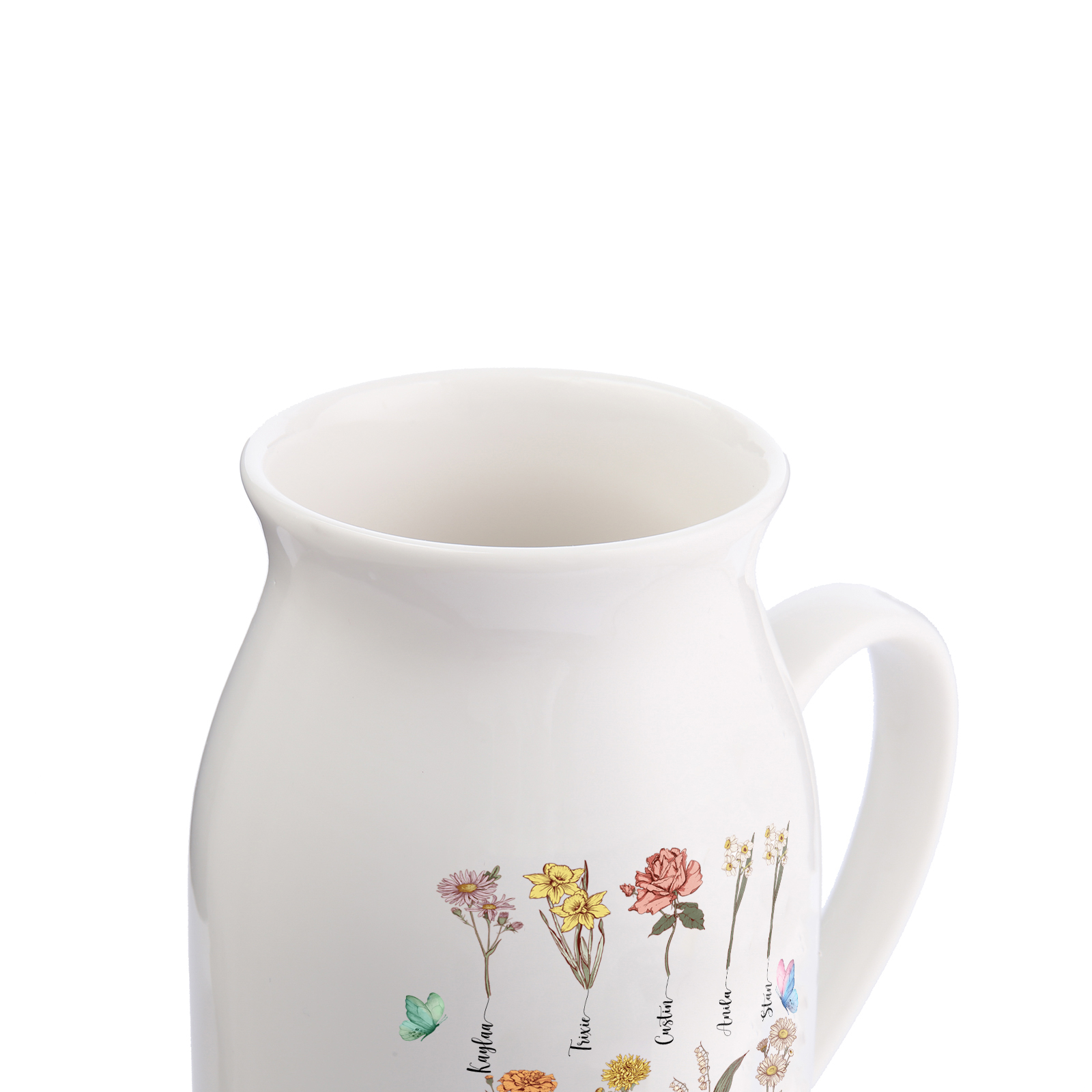 Personalisiertet 9 Namen & Blumen & 2 Texte Gießvase mit Henkel Familie Vase