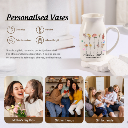 Personalisiertet 10 Namen & Blumen & 2 Texte Gießvase mit Henkel Familie Vase