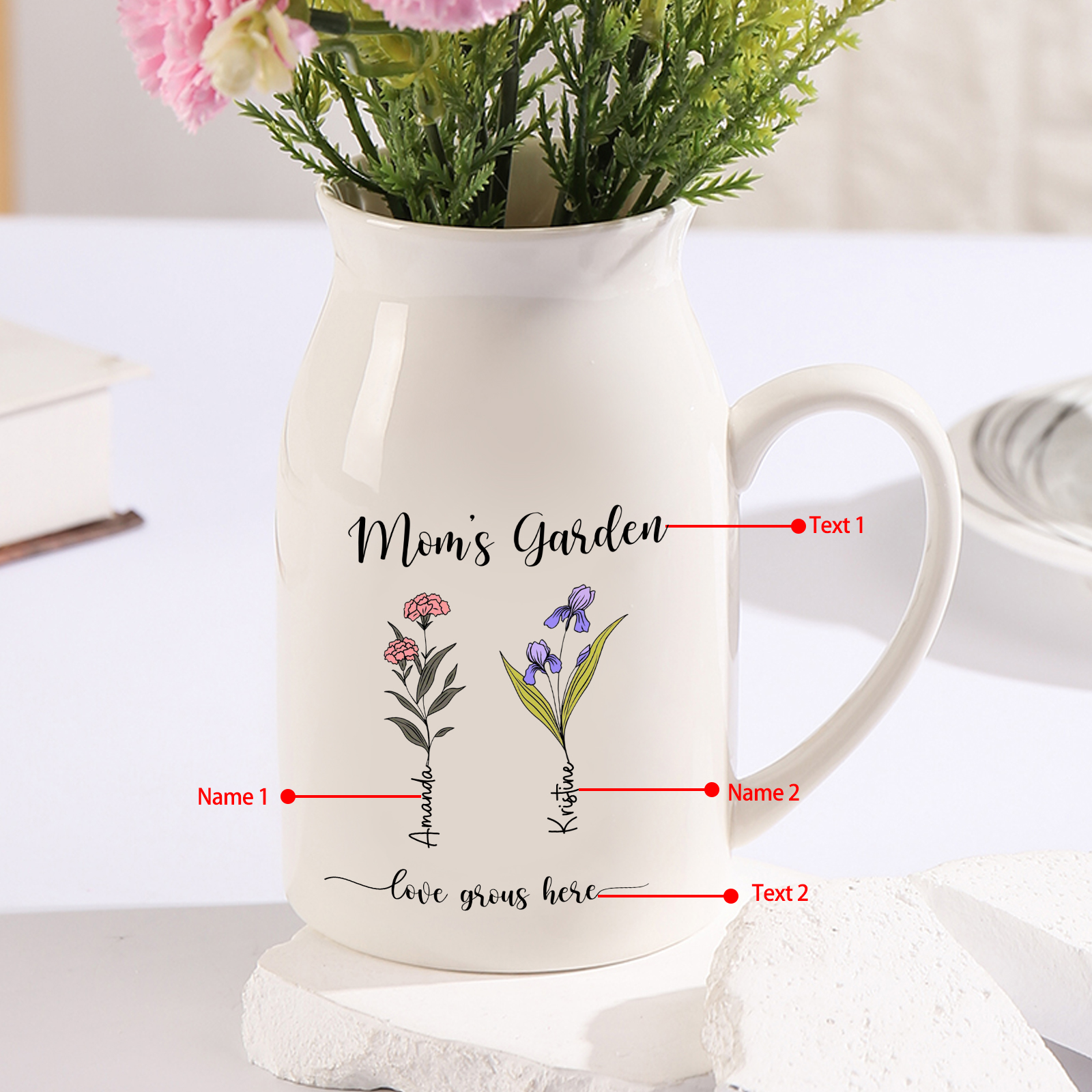 Personalisierte 2 Namen & Blumen & 2 Texte Gießvase mit Henkel Familie Vase
