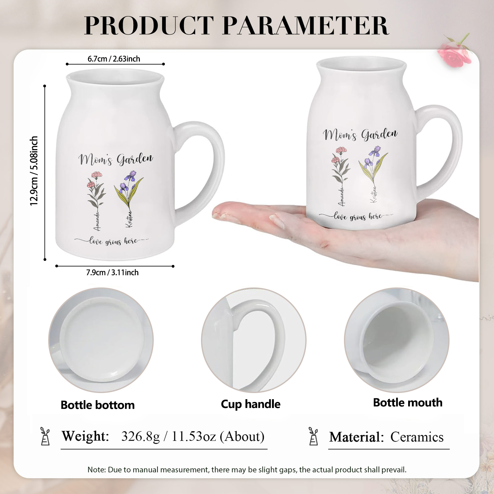 Personalisierte 2 Namen & Blumen & 2 Texte Gießvase mit Henkel Familie Vase