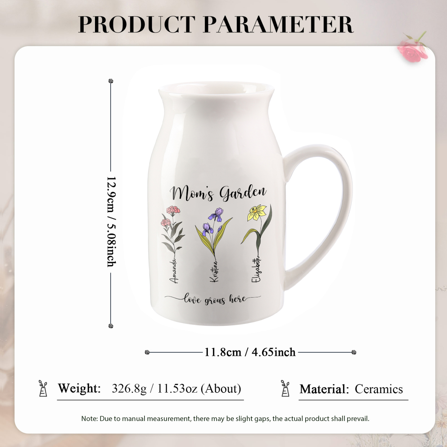 Personalisierte 3 Namen & Blumen & 2 Texte Gießvase mit Henkel Familie Vase