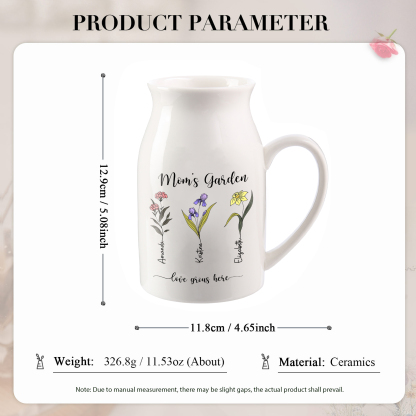 Personalisierte 3 Namen & Blumen & 2 Texte Gießvase mit Henkel Familie Vase