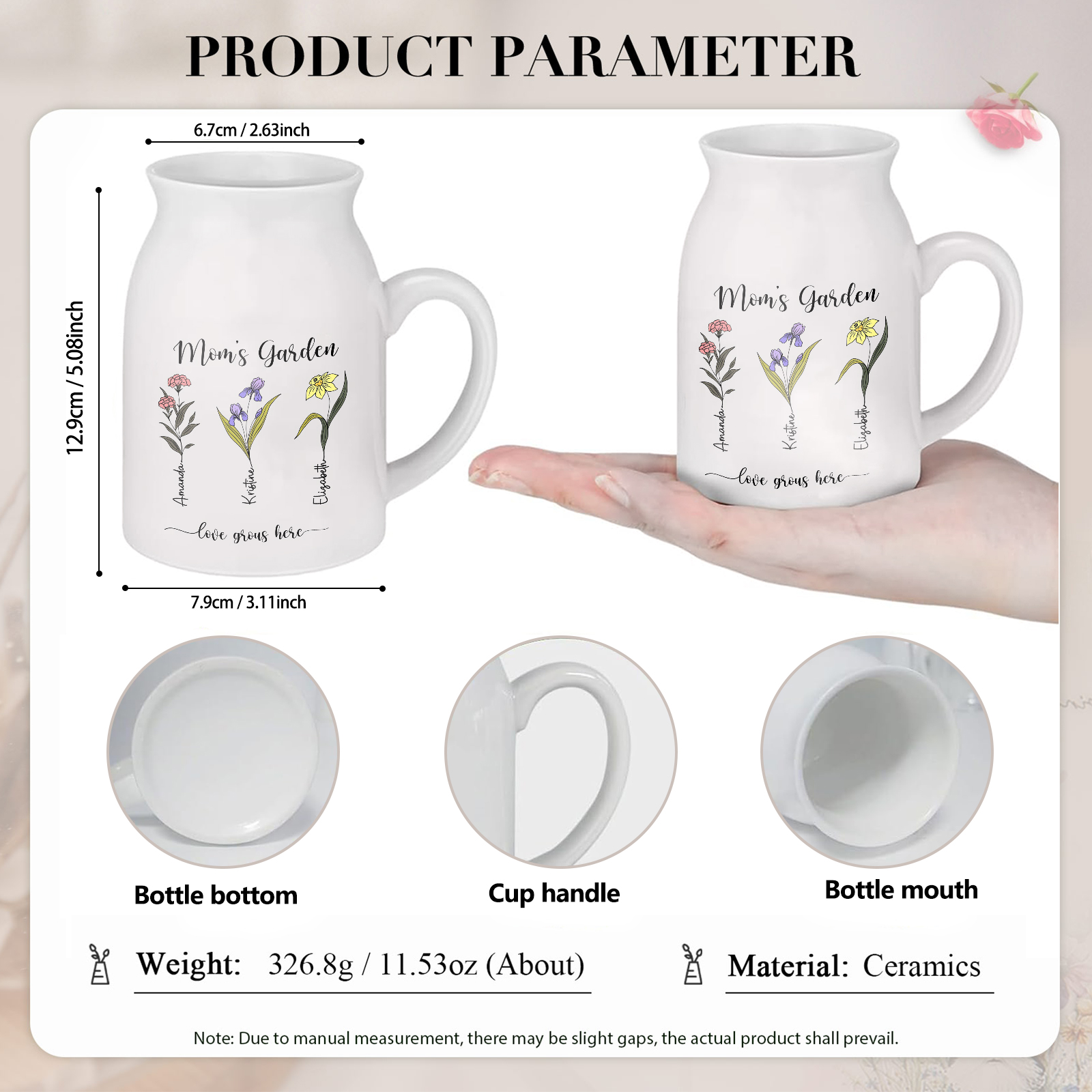 Personalisierte 3 Namen & Blumen & 2 Texte Gießvase mit Henkel Familie Vase