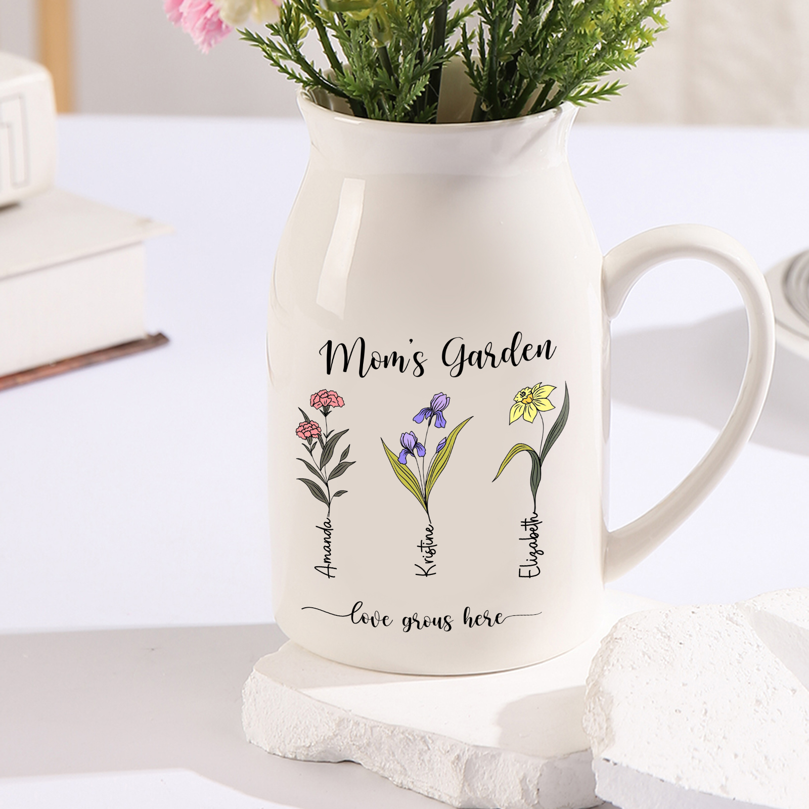 Personalisierte 3 Namen & Blumen & 2 Texte Gießvase mit Henkel Familie Vase