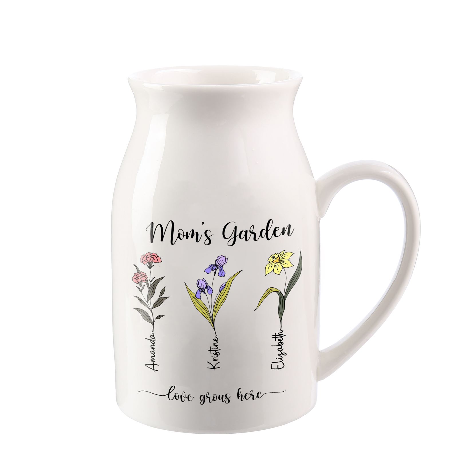 Personalisierte 3 Namen & Blumen & 2 Texte Gießvase mit Henkel Familie Vase
